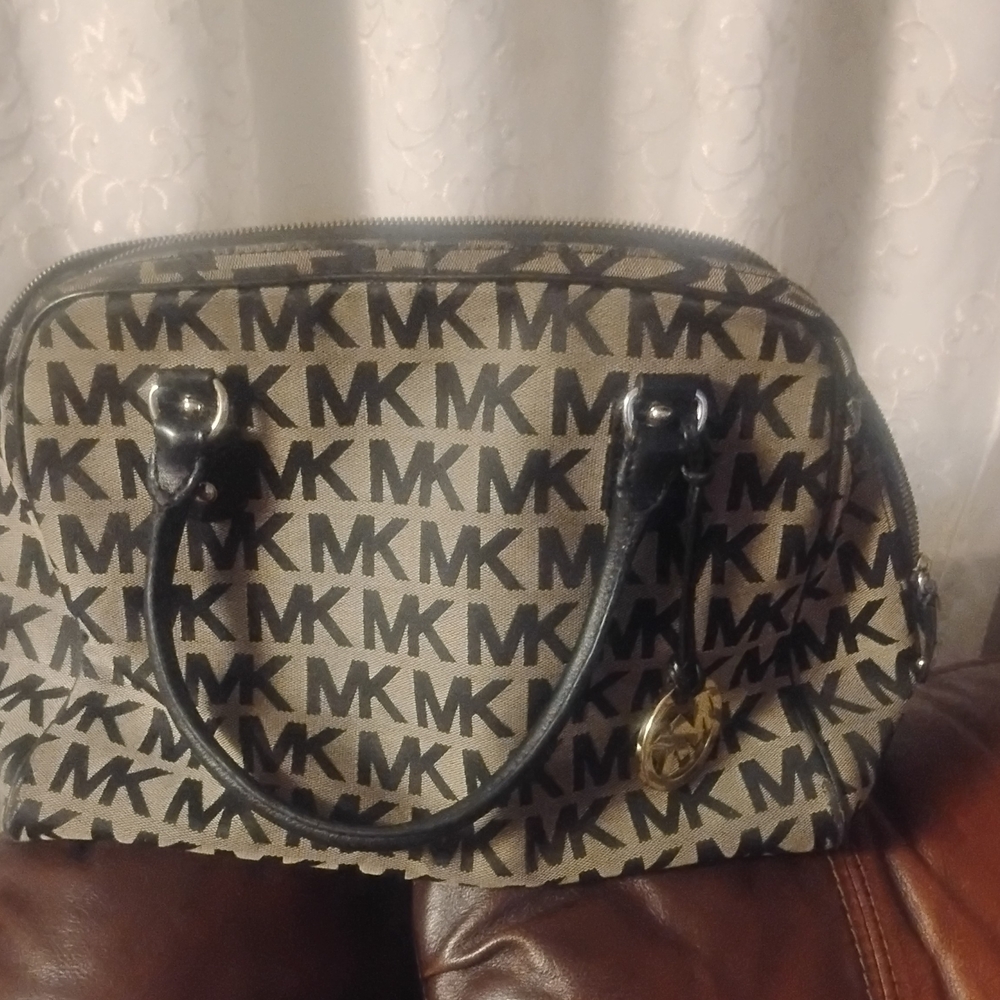 Michael Kors Black and Tan Satchel with Iconic Monogram